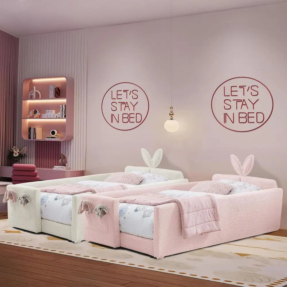 Kids Upholstered Daybed Floor Bed Safety Rails Rabbit Ear Headboard
