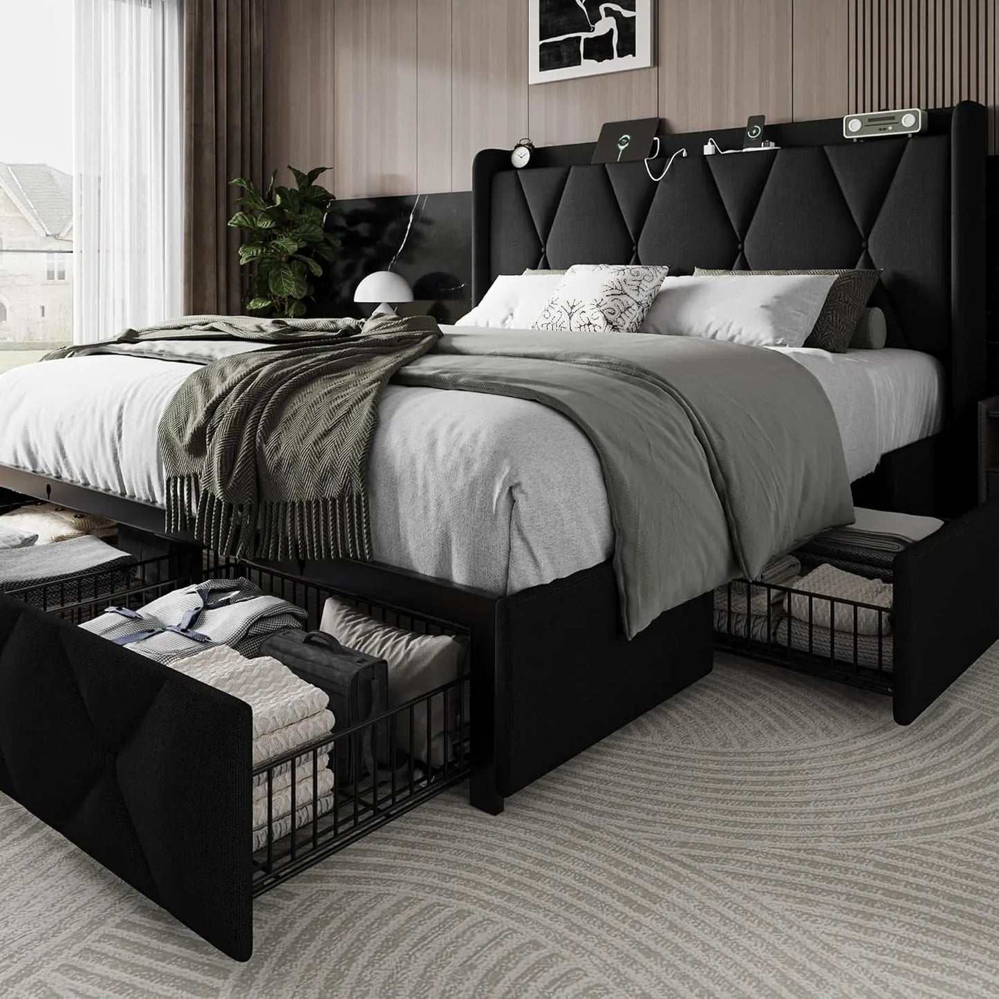 Bed Frame With Storage Drawers Charging Station Upholstered Headboard