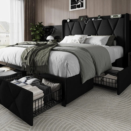 Bed Frame With Storage Drawers Charging Station Upholstered Headboard