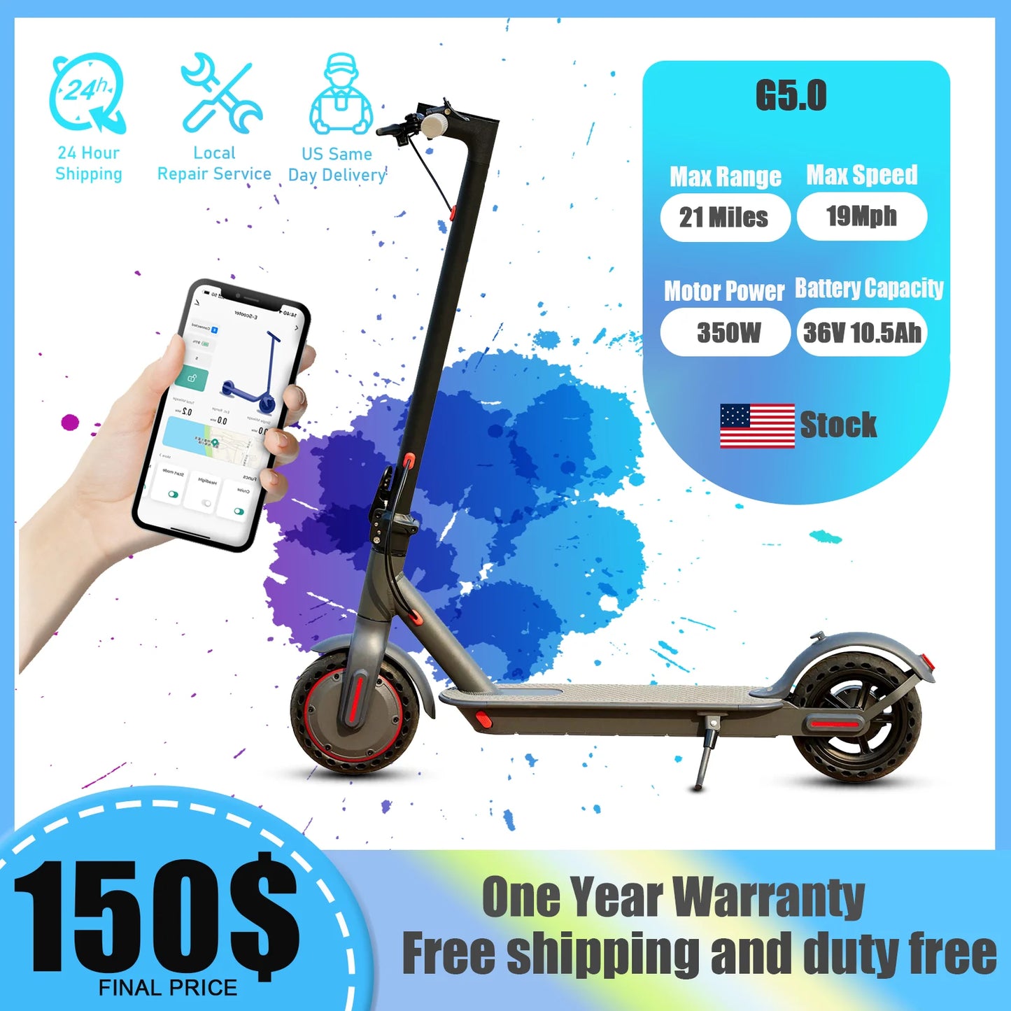 G5 Electric Scooter 36V 10Ah Battery Foldable 21 Mile Range