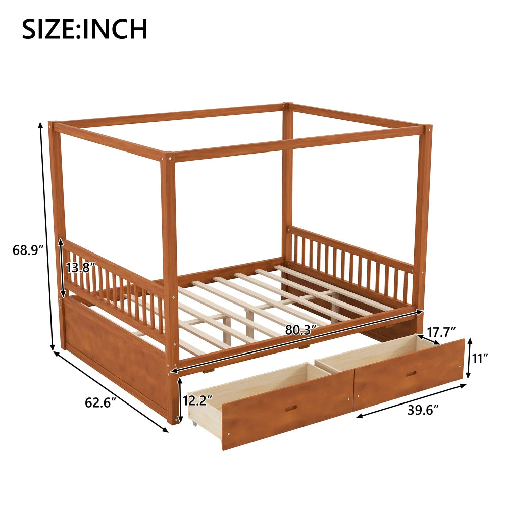 Wooden Canopy Bed With Builtin Storage Drawers For Bedroom