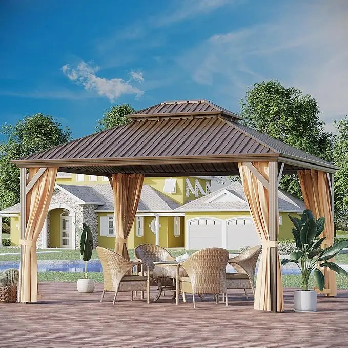 Hardtop Gazebo With Dual Layer Galvanized Metal Roof Netting Curtains