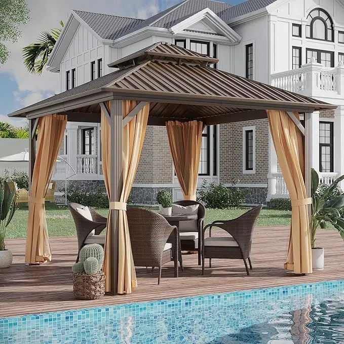 Hardtop Gazebo With Dual Layer Galvanized Metal Roof Netting Curtains