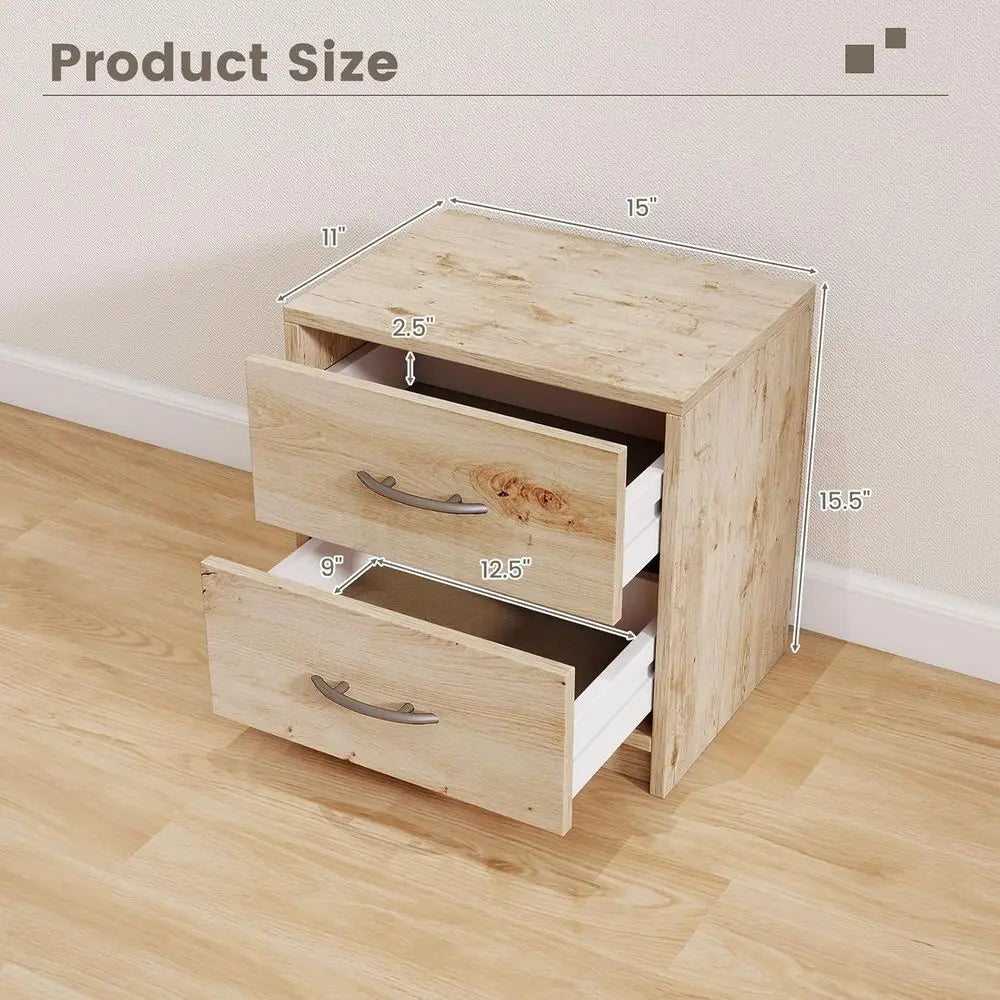 Oak Wood Two Drawer Nightstand With Storage For Small Spaces