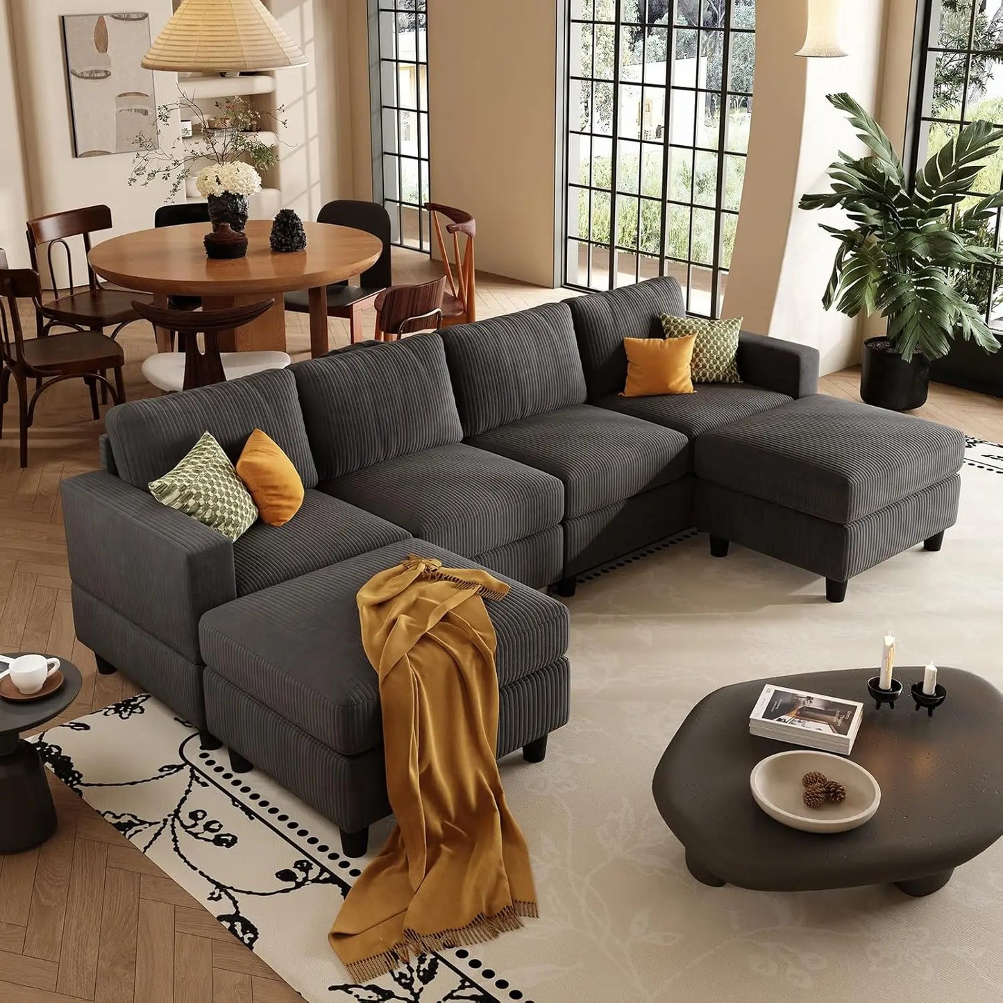 U Shaped Sectional Sofa With Two Ottomans Modern Home Furniture