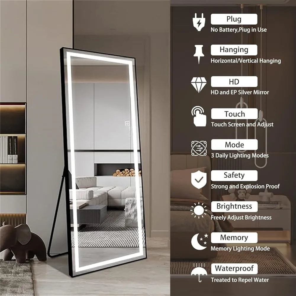 Full Length Lighted Mirror With Dimmable LEDs Aluminum Frame