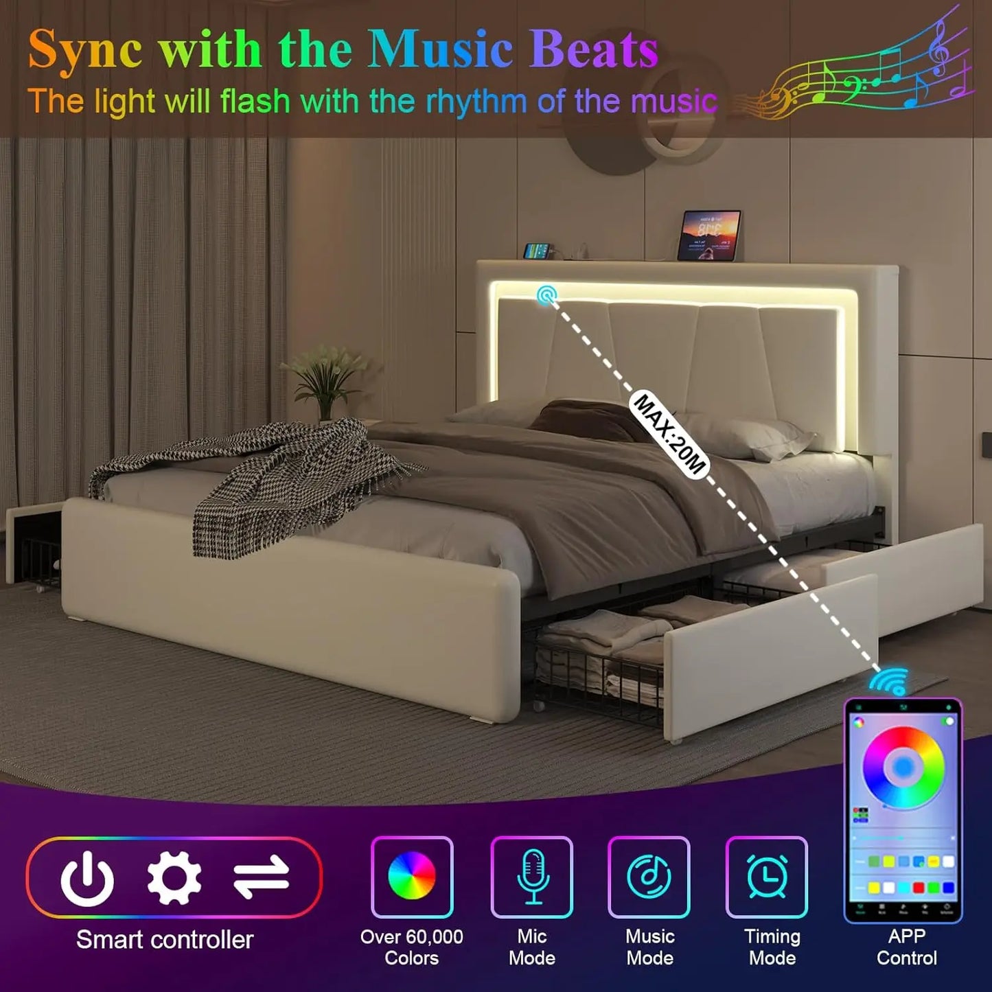 Bed Frame With Storage Drawers LED Headboard Charging Station