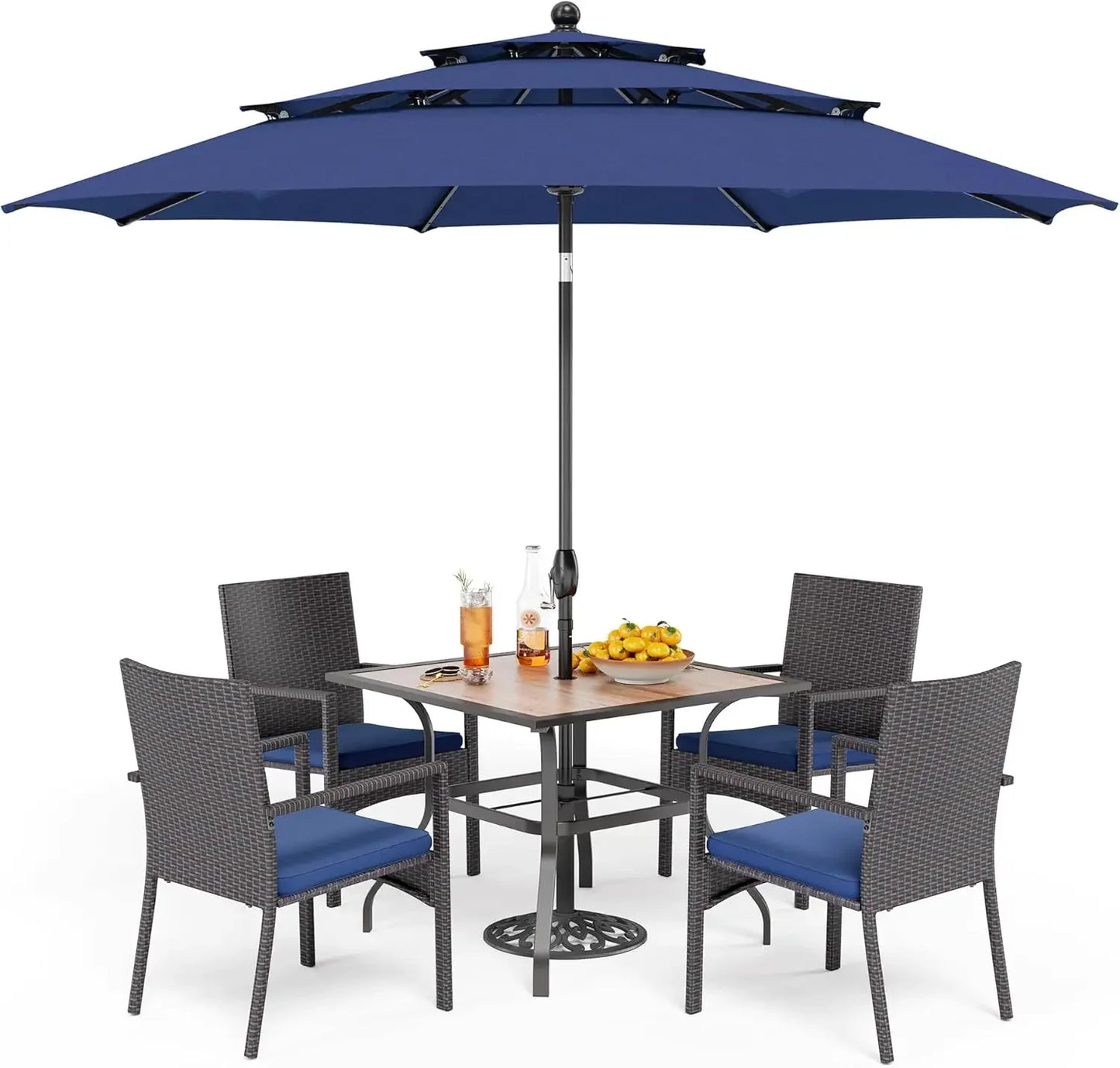 Outdoor Metal Dining Set With Umbrella And Cushioned Rattan Chairs