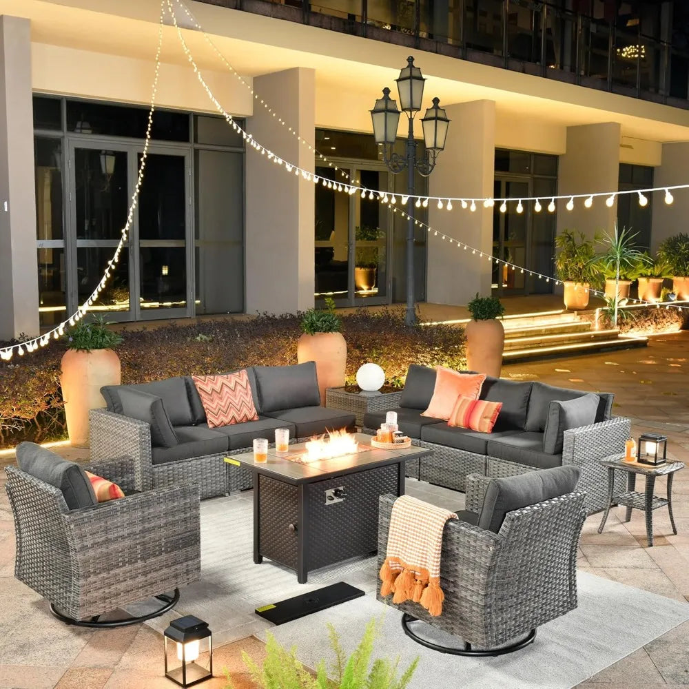 Outdoor Patio Fire Pit Conversation Set With Wicker Swivel Chairs