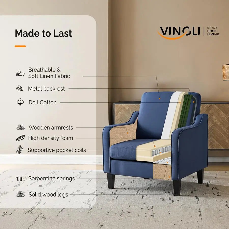 Navy Blue Accent Chairs for Living Room, Line Comfy Upholstered Chair Mid Century Modern Armchair for Bedroom, Home Office
