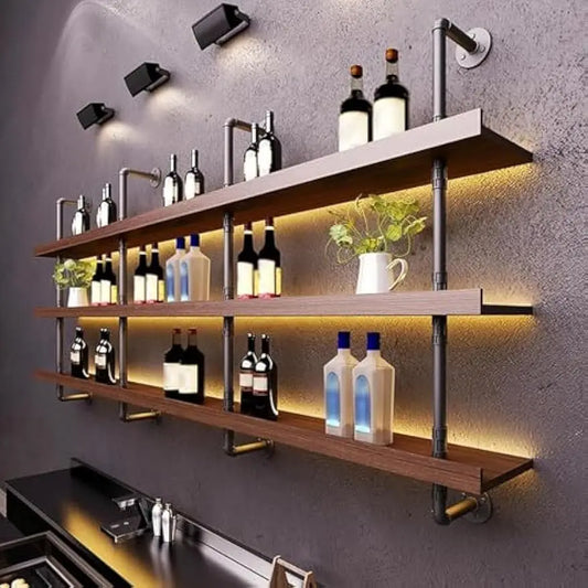 Three Tier Wall Mount Wine Rack With LED Lights