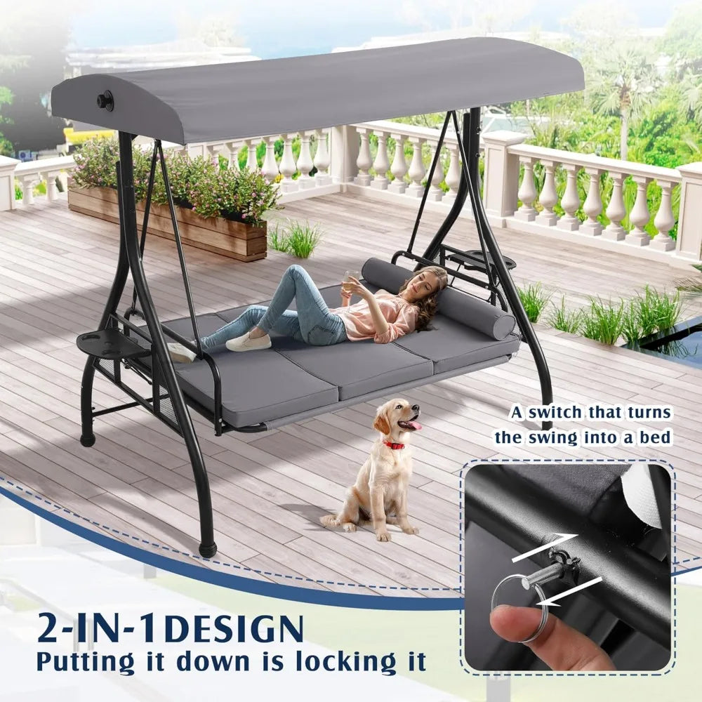 Outdoor Porch Swing With Canopy And Stand 3 Person