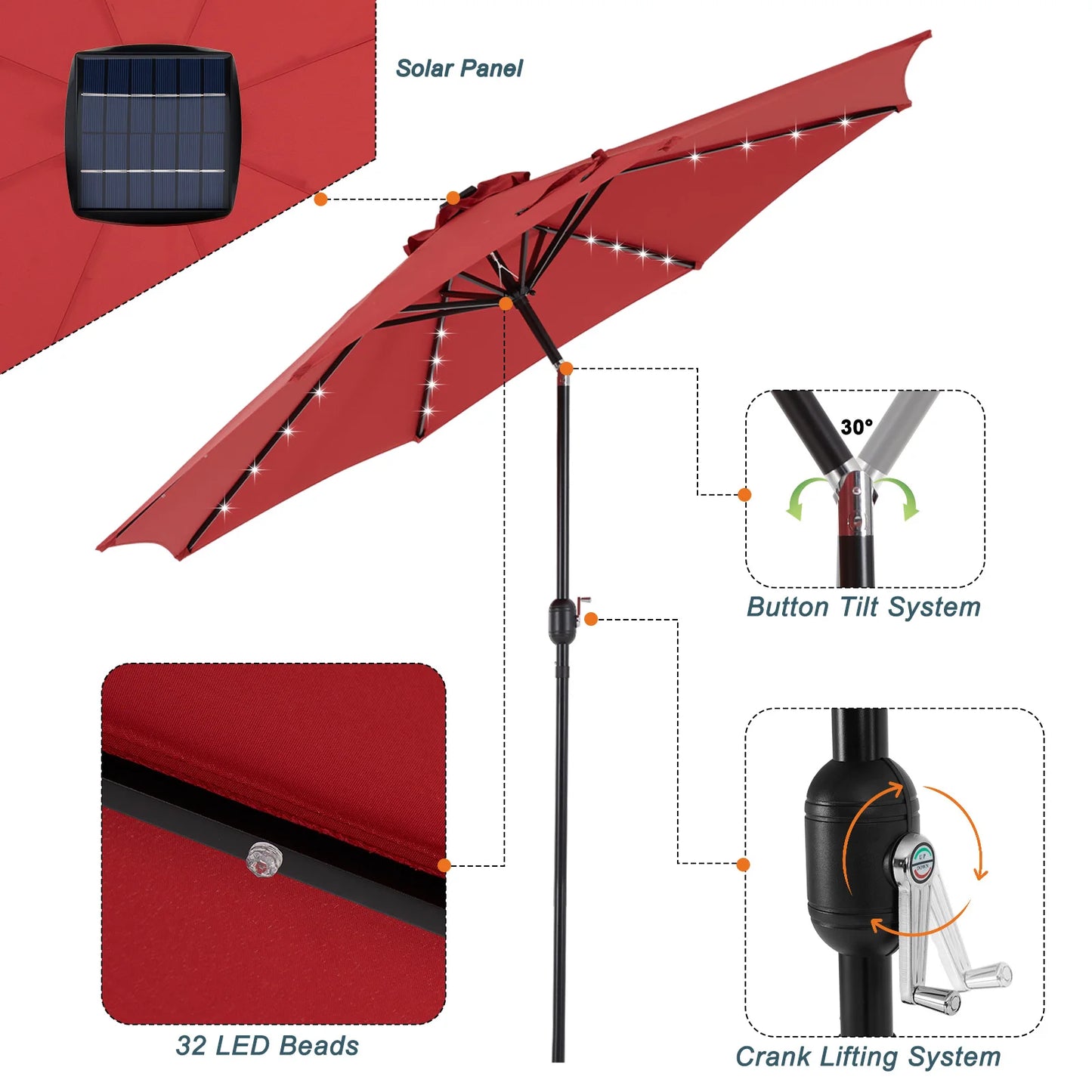 JHK Solar Patio Umbrella With 32 LED Lights UV-Resistant Outdoor