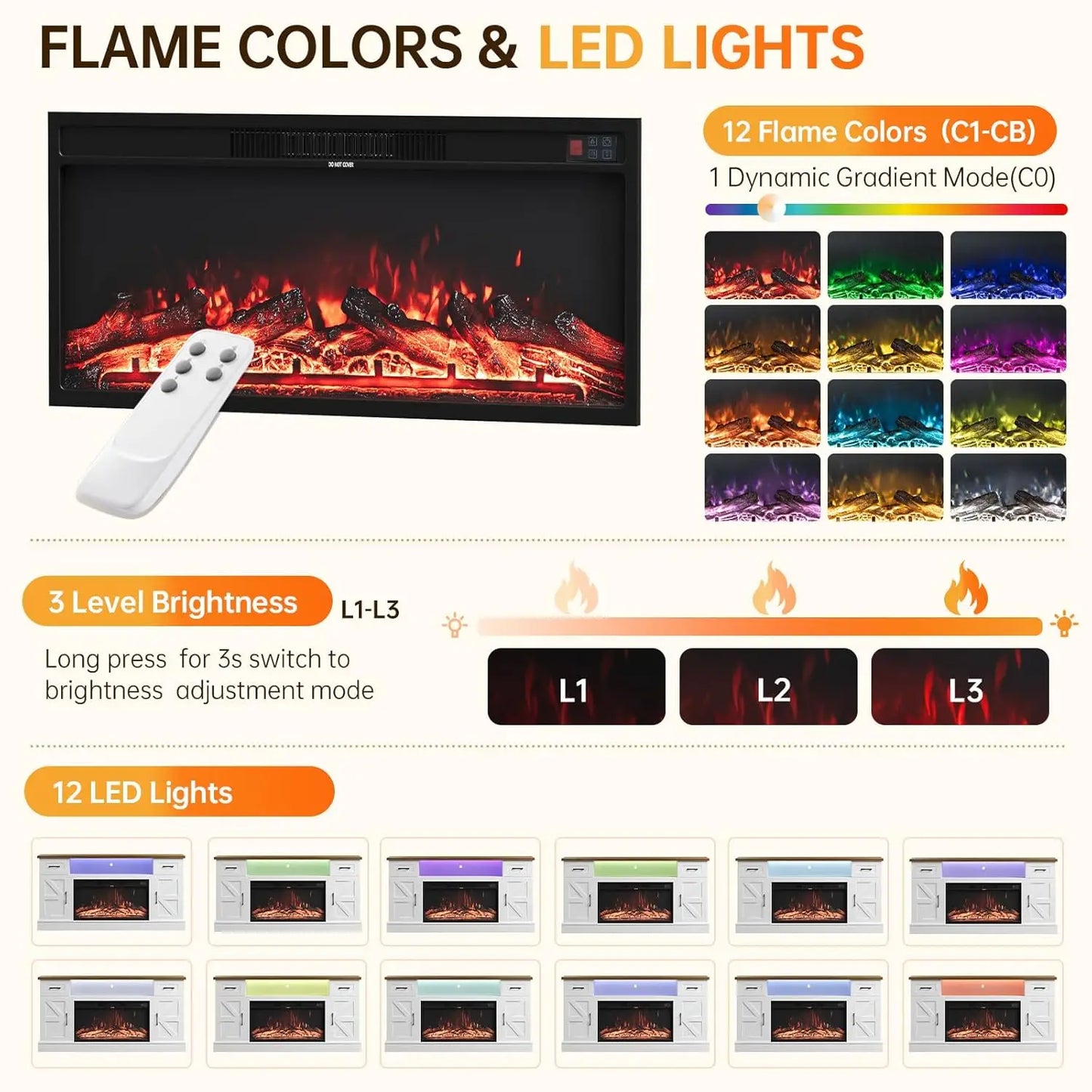 Farmhouse Style Electric Fireplace TV Stand With LED Strip